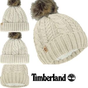 Timberland Women’s Cable Knit Faux Fur Pom Beanie Hat Size One Size OS Angora